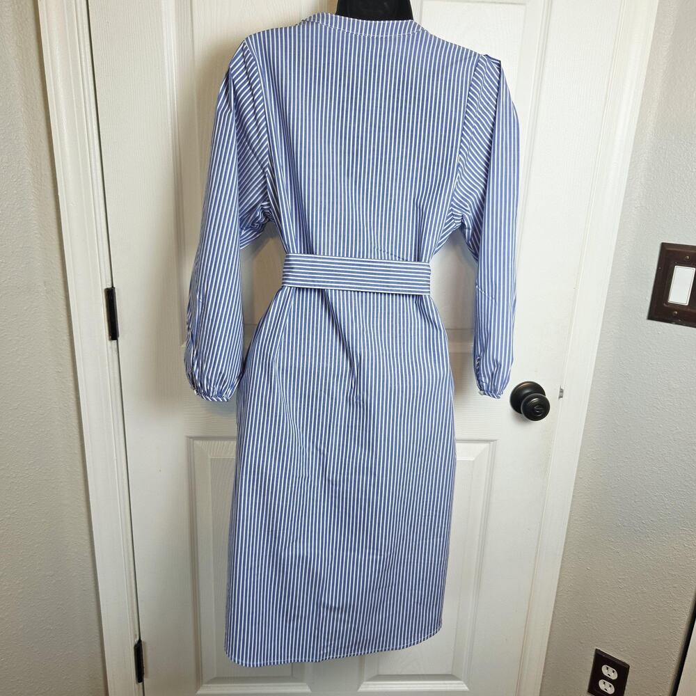 J Mclaughlin Striped Shirt Dress Medium Blue Midi Bow Belt Pockets Nautical - Picture 7 of 11